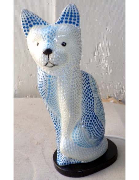Lampada abatjour gatto cm 30 in resina dipinta con tecnica aborigena maori blu bianco gattino