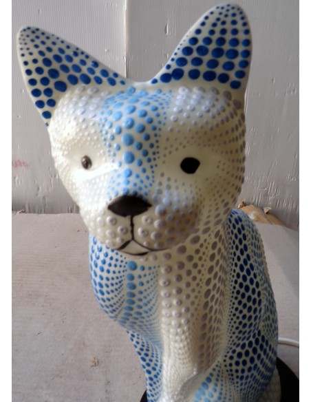 Lampada abatjour gatto cm 30 in resina dipinta con tecnica aborigena maori blu bianco gattino