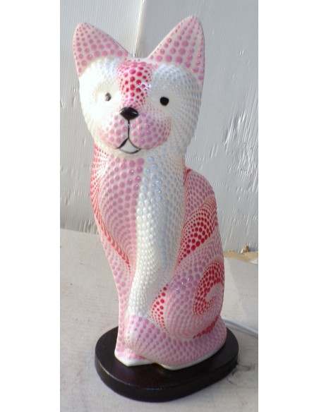 Lampada abatjour gatto cm 30 in resina dipinta con tecnica aborigena maori rosa biancogattino