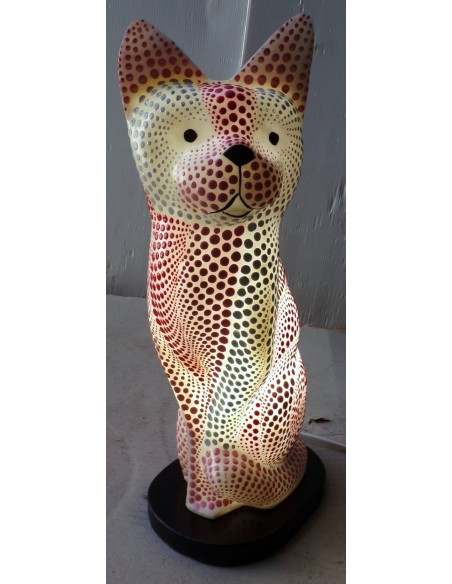 Lampada abatjour gatto cm 30 in resina dipinta con tecnica aborigena maori rosa biancogattino