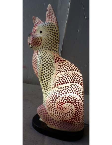 Lampada abatjour gatto cm 30 in resina dipinta con tecnica aborigena maori rosa biancogattino