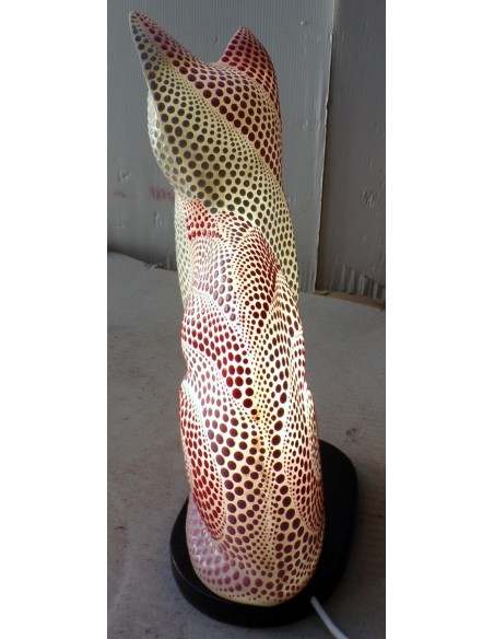 Lampada abatjour gatto cm 30 in resina dipinta con tecnica aborigena maori rosa biancogattino