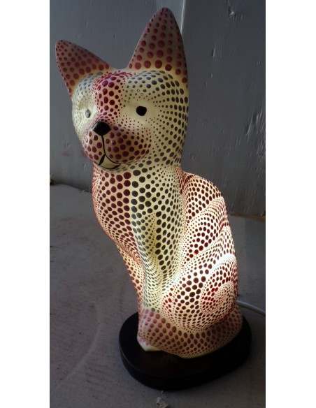 Lampada abatjour gatto cm 30 in resina dipinta con tecnica aborigena maori rosa biancogattino