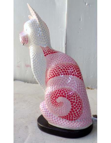 Lampada abatjour gatto cm 30 in resina dipinta con tecnica aborigena maori rosa biancogattino
