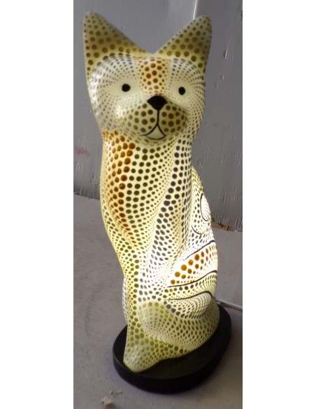 Lampada abatjour gatto cm 30 in resina dipinta con tecnica aborigena maori giallo biancogattino