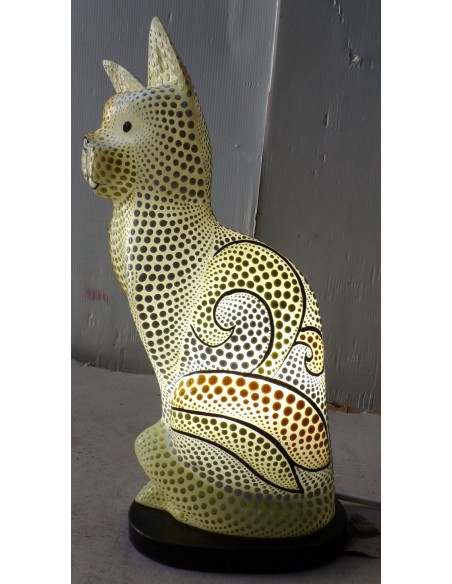 Lampada abatjour gatto cm 30 in resina dipinta con tecnica aborigena maori giallo biancogattino
