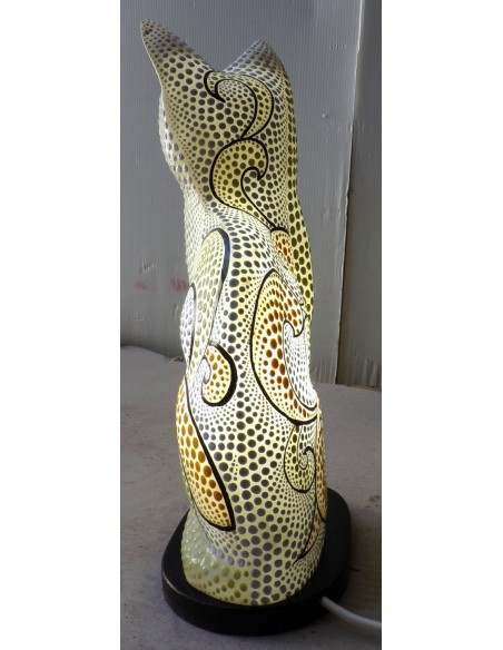 Lampada abatjour gatto cm 30 in resina dipinta con tecnica aborigena maori giallo biancogattino