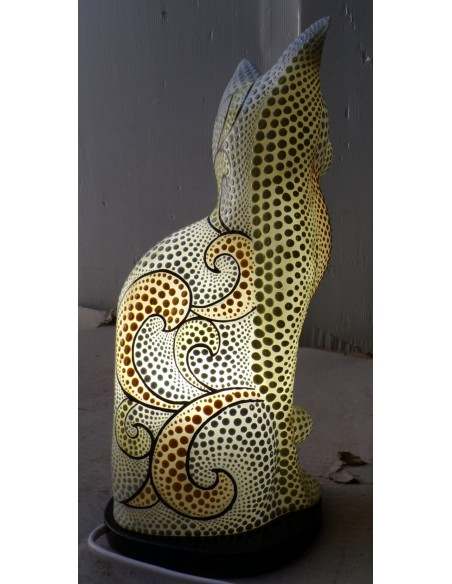 Lampada abatjour gatto cm 30 in resina dipinta con tecnica aborigena maori giallo biancogattino