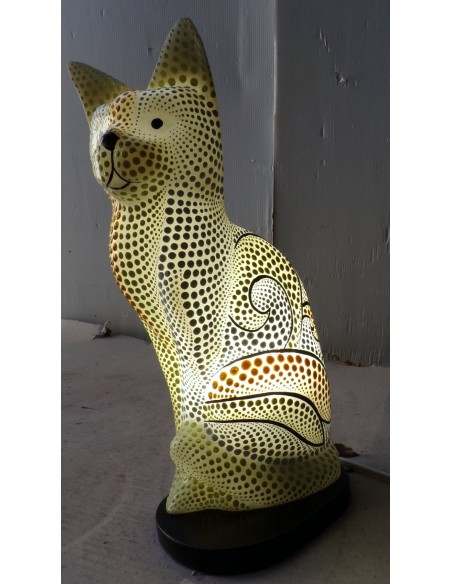 Lampada abatjour gatto cm 30 in resina dipinta con tecnica aborigena maori giallo biancogattino