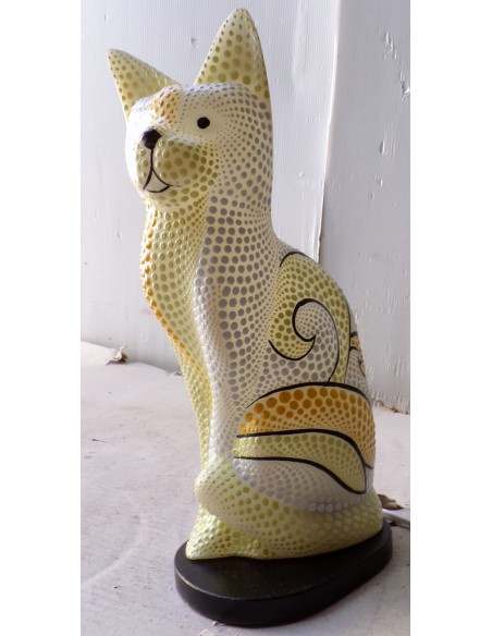 Lampada abatjour gatto cm 30 in resina dipinta con tecnica aborigena maori giallo biancogattino