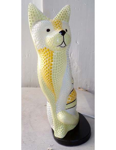 Lampada abatjour gatto cm 30 in resina dipinta con tecnica aborigena maori giallo biancogattino