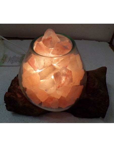 Lampada di sale irripetibile creata in vetro soffiato su legno salgemma Himalaya cm 23 x16x15h 1038