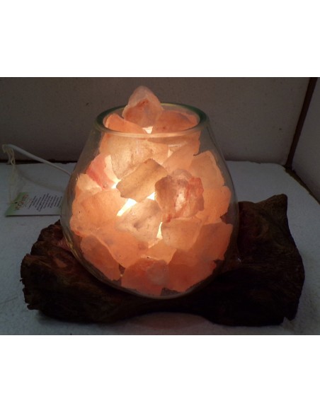 Lampada di sale irripetibile creata in vetro soffiato su legno salgemma Himalaya cm 23 x16x15h 1038
