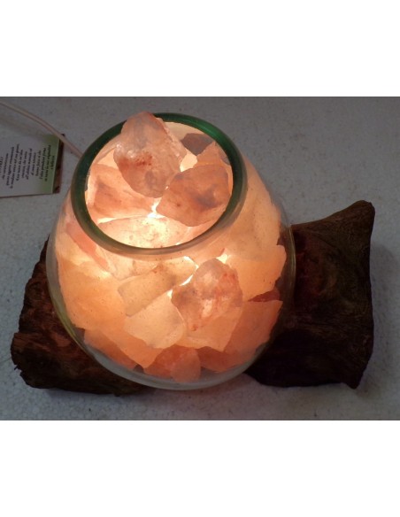 Lampada di sale irripetibile creata in vetro soffiato su legno salgemma Himalaya cm 23 x16x15h 1038