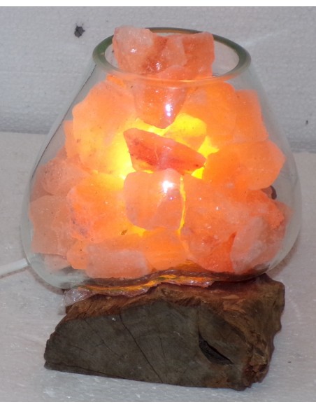 Lampada di sale irripetibile creata in vetro soffiato su legno salgemma Himalaya cm 23 x16x15h 1038