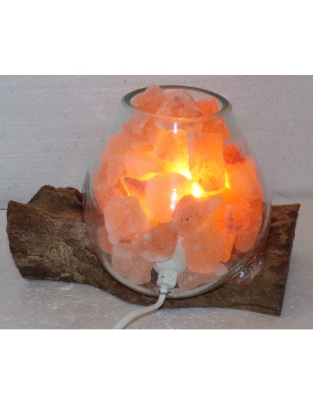 Lampada di sale irripetibile creata in vetro soffiato su legno salgemma Himalaya cm 23 x16x15h 1038