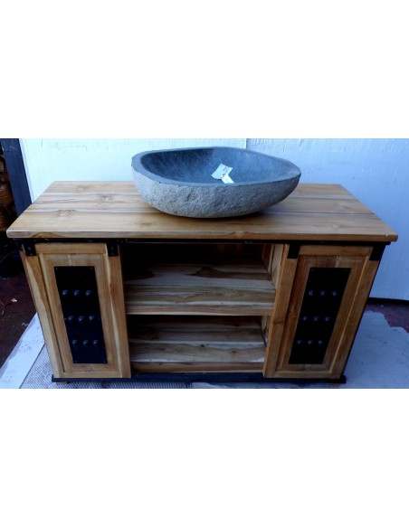Mobile bagno o porta TV in Teak massello cm 120x45x75h con metallo ante scorrevoli industrial
