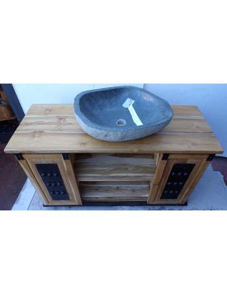 Mobile bagno o porta TV in Teak massello cm 120x45x75h con metallo ante scorrevoli industrial