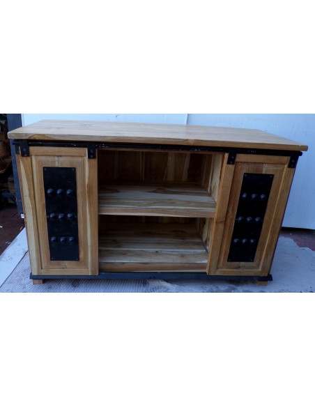 Mobile bagno o porta TV in Teak massello cm 120x45x75h con metallo ante scorrevoli industrial