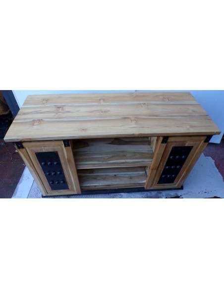 Mobile bagno o porta TV in Teak massello cm 120x45x75h con metallo ante scorrevoli industrial