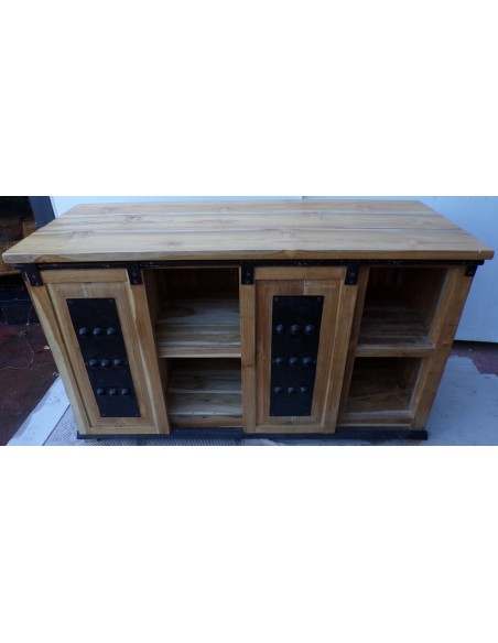 Mobile bagno o porta TV in Teak massello cm 120x45x75h con metallo ante scorrevoli industrial