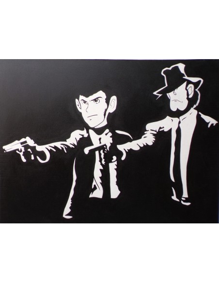 Quadro ritratto di Lupin III e Jigen stilizzato cm 100x90 con pistola pop art moderno arredo dipinto