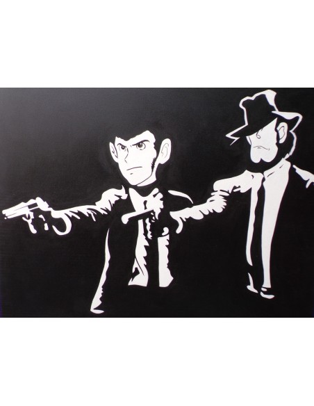 Quadro ritratto di Lupin III e Jigen stilizzato cm 100x90 con pistola pop art moderno arredo dipinto