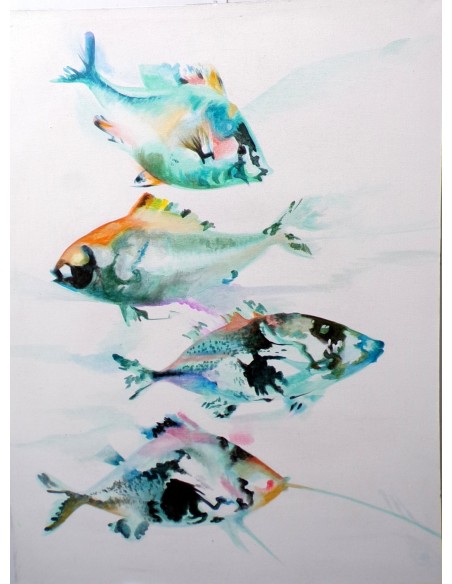 Quadro astratto astratto pesci in movimento cm 120x90 bianco turchese dipinto a mano tela cotone telaio legno