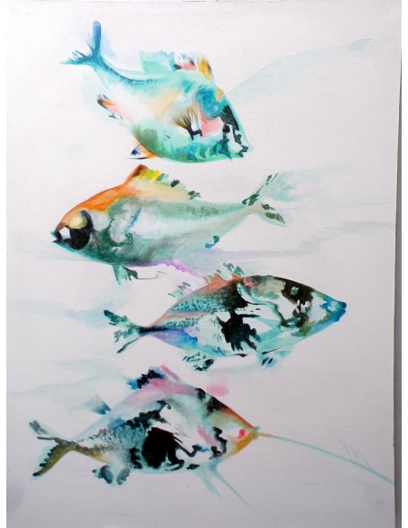 Quadro astratto astratto pesci in movimento cm 120x90 bianco turchese dipinto a mano tela cotone telaio legno