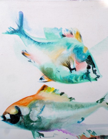 Quadro astratto astratto pesci in movimento cm 120x90 bianco turchese dipinto a mano tela cotone telaio legno