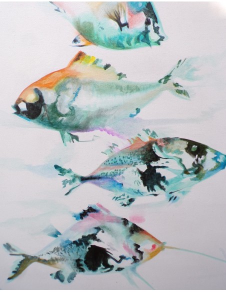 Quadro astratto astratto pesci in movimento cm 120x90 bianco turchese dipinto a mano tela cotone telaio legno