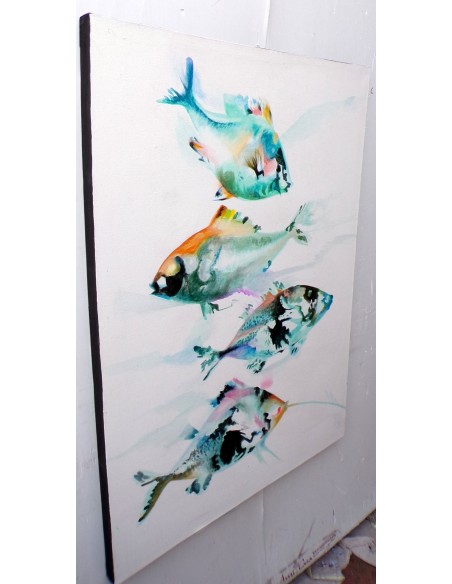 Quadro astratto astratto pesci in movimento cm 120x90 bianco turchese dipinto a mano tela cotone telaio legno