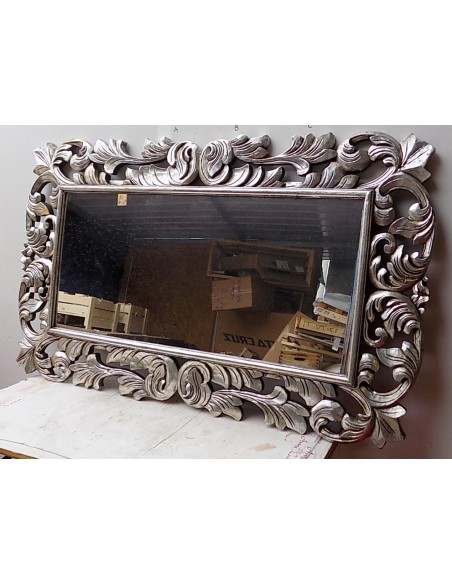 Specchio barocco in legno intarsiato cm 150x90 argento anticato mod. Victoria