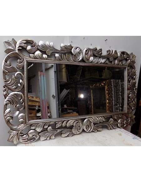 Specchio barocco in legno intarsiato cm 150x90 argento anticato mod. Victoria