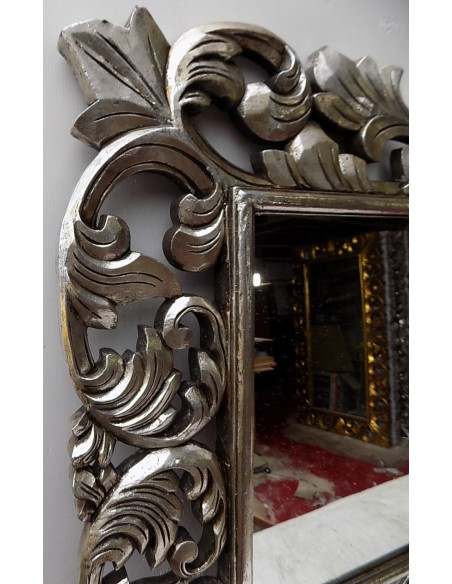 Specchio barocco in legno intarsiato cm 150x90 argento anticato mod. Victoria