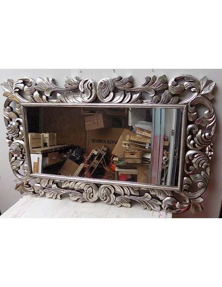 Specchio barocco in legno intarsiato cm 150x90 argento anticato mod. Victoria