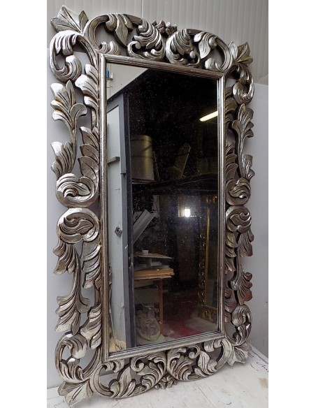 Specchio barocco in legno intarsiato cm 150x90 argento anticato mod. Victoria