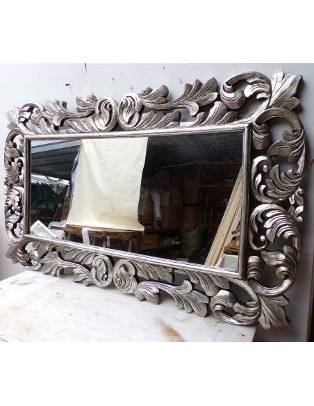 Specchio barocco in legno intarsiato cm 150x90 argento anticato mod. Victoria