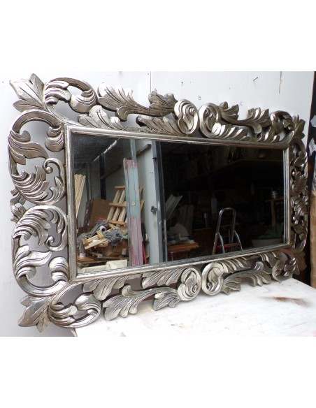 Specchio barocco in legno intarsiato cm 150x90 argento anticato mod. Victoria