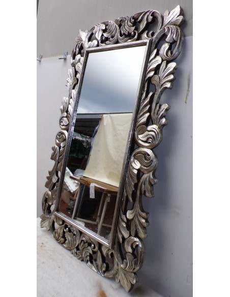 Specchio barocco in legno intarsiato cm 150x90 argento anticato mod. Victoria