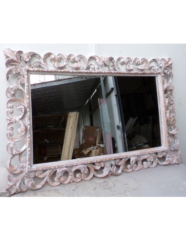 Specchio barocco in legno intarsiato cm 120x80 bianco anticato mod