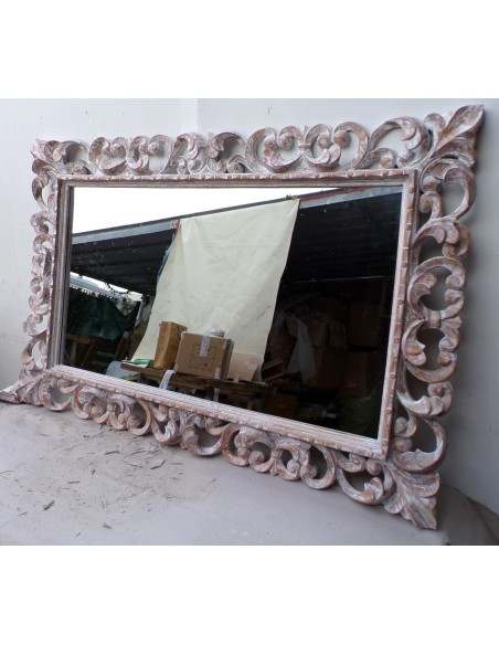 Specchio barocco in legno intarsiato cm 120x80 bianco anticato mod. tommy