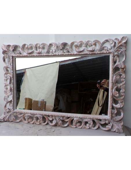 Specchio barocco in legno intarsiato cm 120x80 bianco anticato mod. tommy