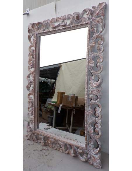 Specchio barocco in legno intarsiato cm 120x80 bianco anticato mod. tommy