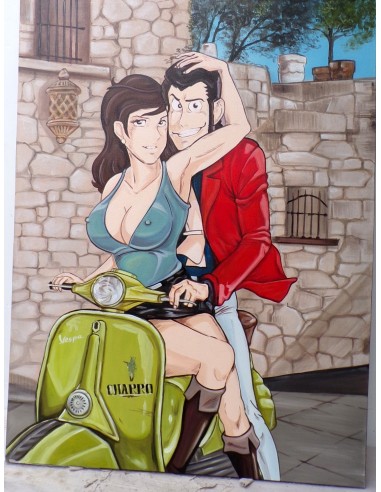 Quadro Lupin III cm 120x90 con Fujiko in Vespa...