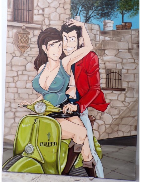 Quadro Lupin III cm 120x90 con Fujiko in Vespa pop art moderno arredo