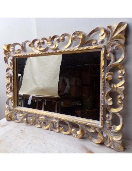 Specchio barocco in legno intarsiato cm 100x70 bianco oro mod. tommy