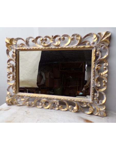 Specchio barocco in legno intarsiato cm 100x70 bianco oro mod. tommy