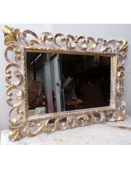 Specchio barocco in legno intarsiato cm 100x70 bianco oro mod. tommy