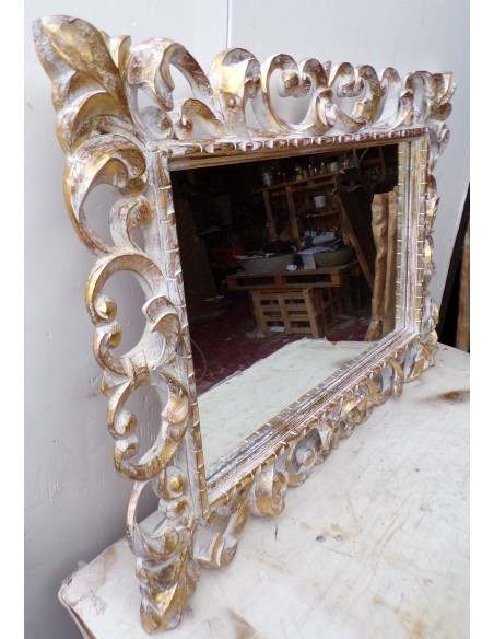 Specchio barocco in legno intarsiato cm 100x70 bianco oro mod. tommy